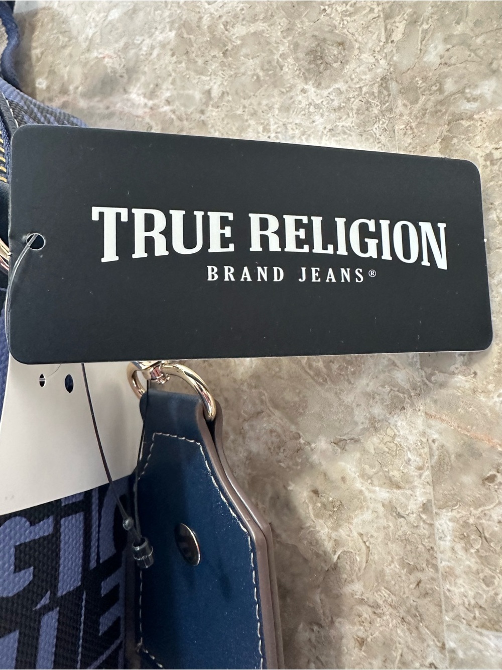 True Religion Multi Patch Satchel Bag Navy Denim Crossbody Monogram Y2K NWT - Picture 12 of 14